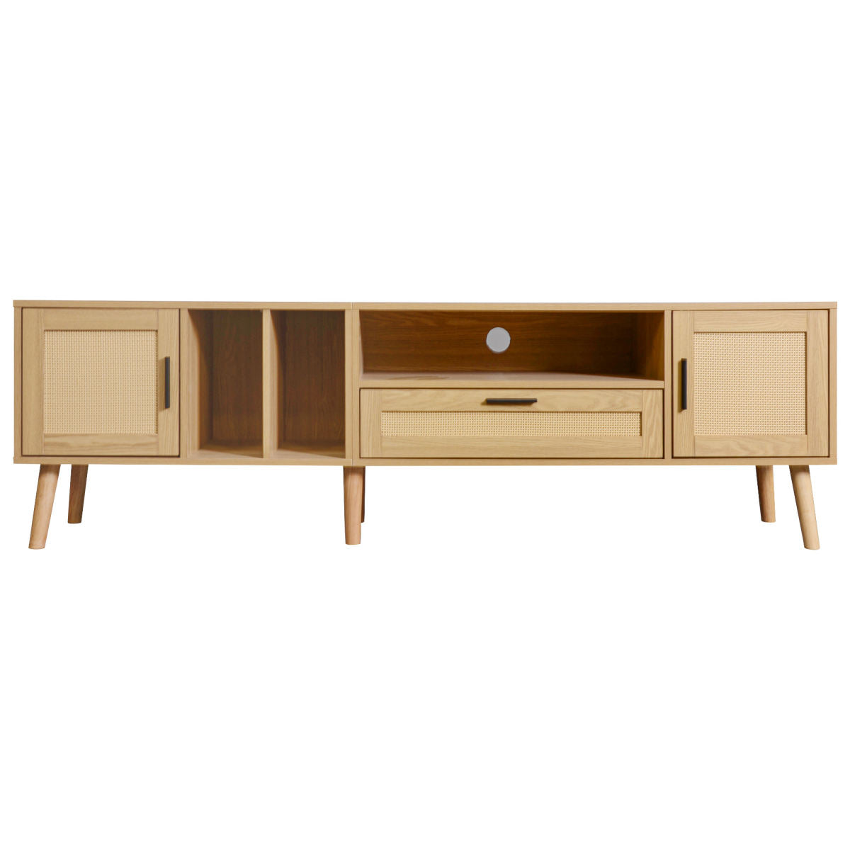 Spacious 180 Cm TV Cabinet With Rattan Decoration, 2 Doors And A Drawer, Solid Wood Legs, Can Accommodate An 80 Inch TV, TV Storage Cabinet, TV Cabinet