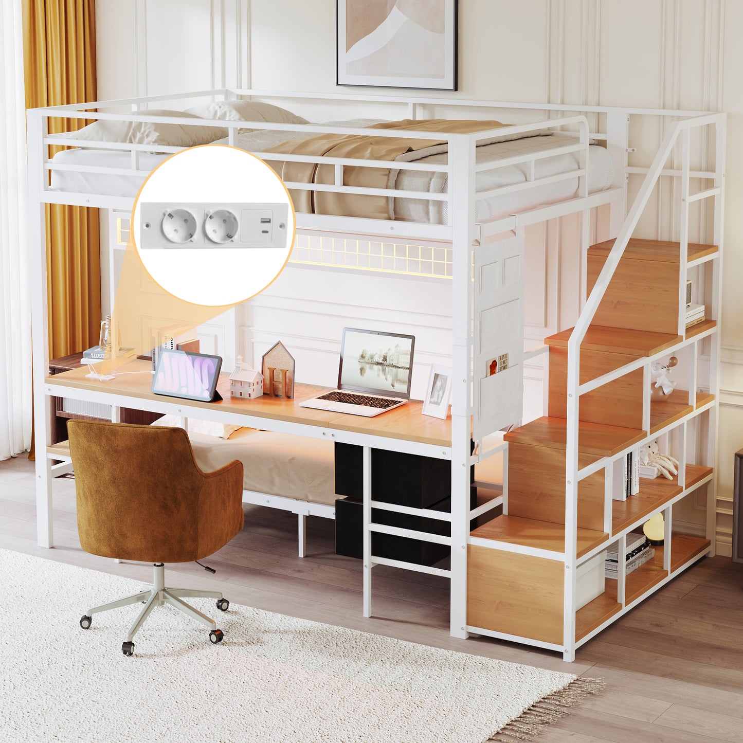 Metal Loft Bed,Multifunctional Bed With Desk,LED,With Sockets,Open Storage And Fabric Drawer Top Bed 140X200,and Underbed 90X200,White