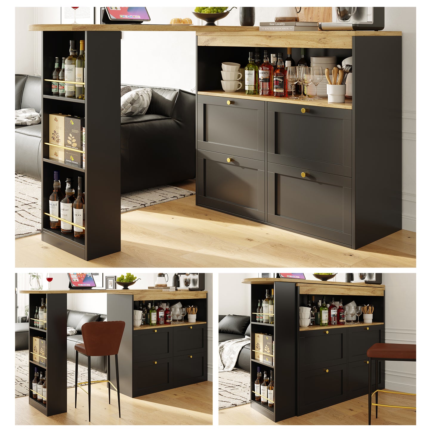 360 Swivelling Bar Table Main Body 105 X 39 X 102 Cm, With 4 Drawers And Open Shelves, Suitable For Dining Room Study Living Room Etc.