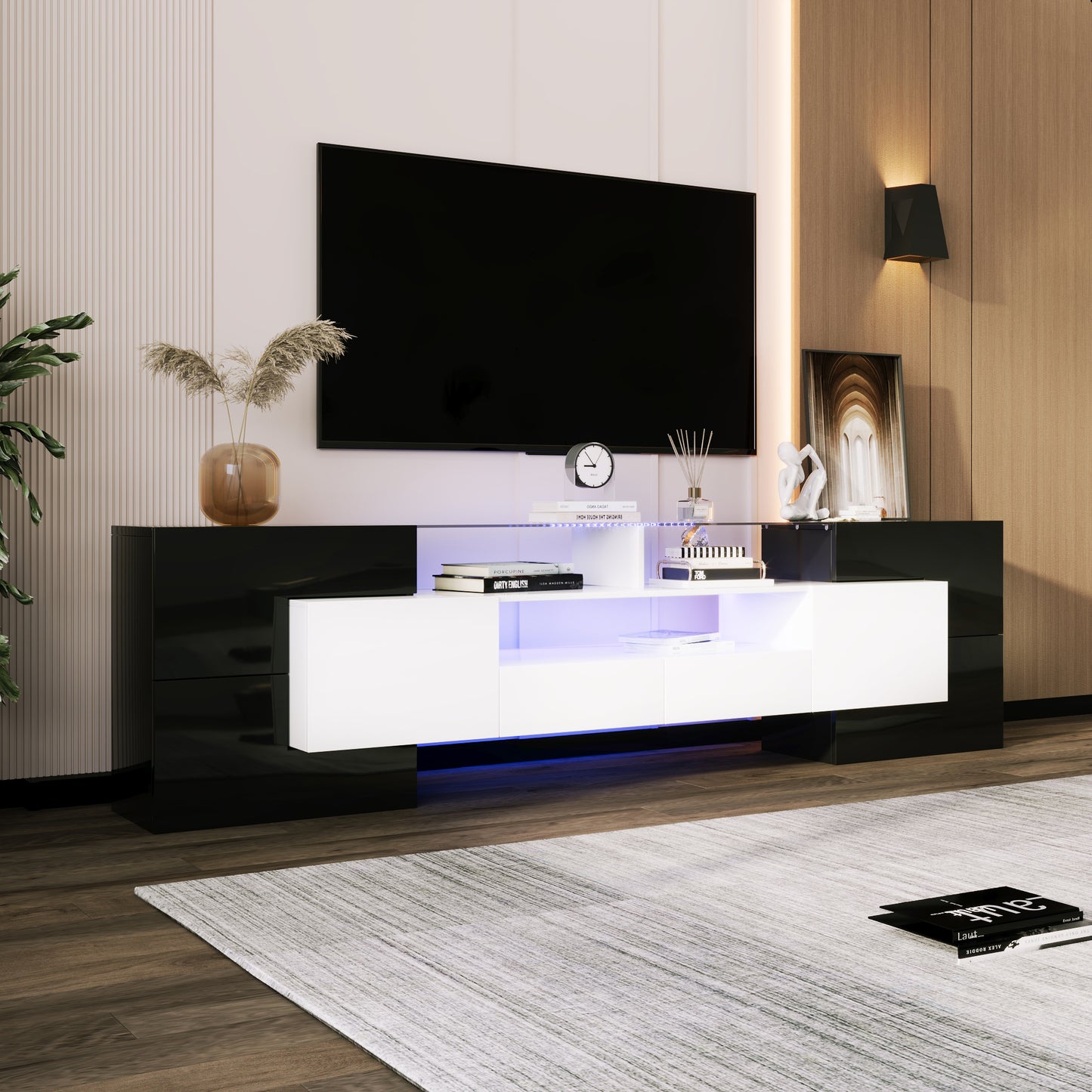 Stylish TV Cabinet, Low Panel. High Gloss White And Black, 200 Cm, LED Lighting For Living Room Furniture. Modern Design. Elegant Glass Surface