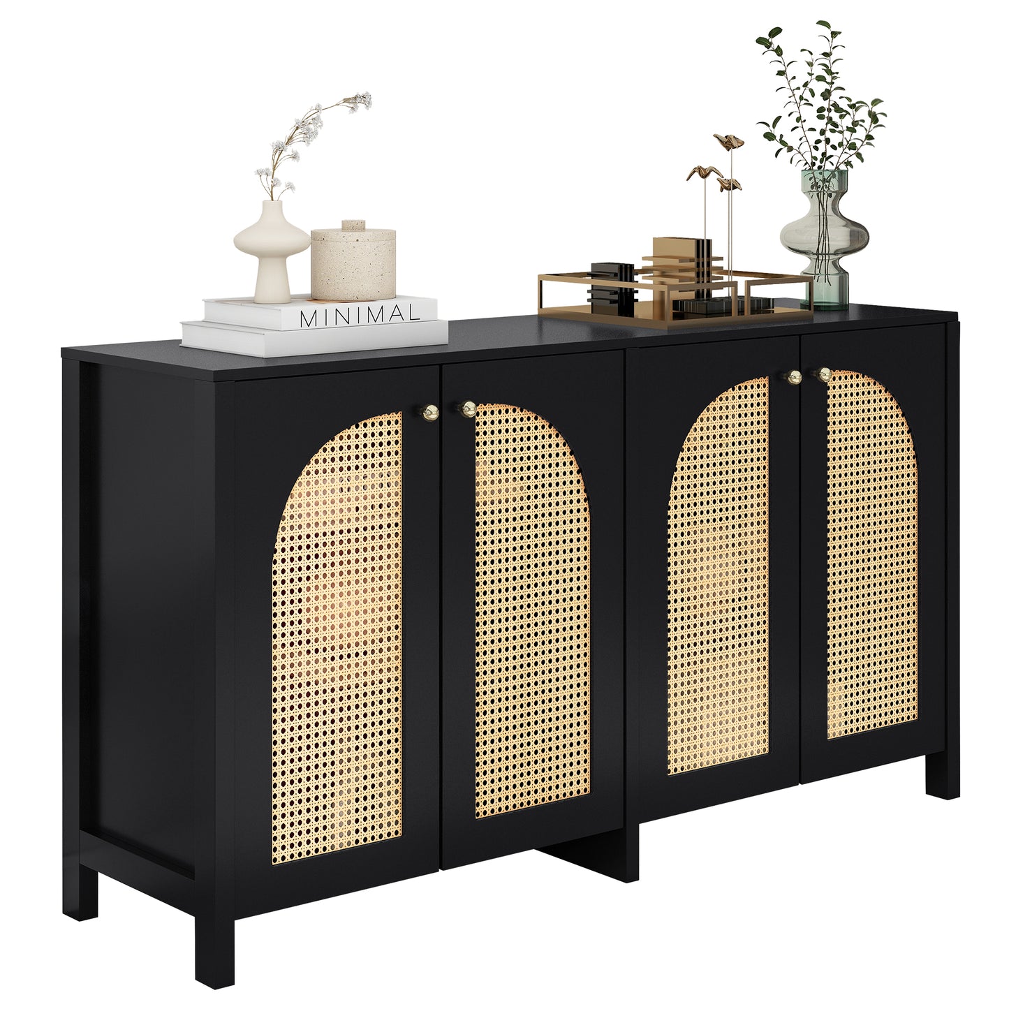 Modern Minimalist Style Sideboard 4 Rattan Door, Metal Handle Simple Buffet Cabinet For Dining Room, Living Room, Kitchen Black
