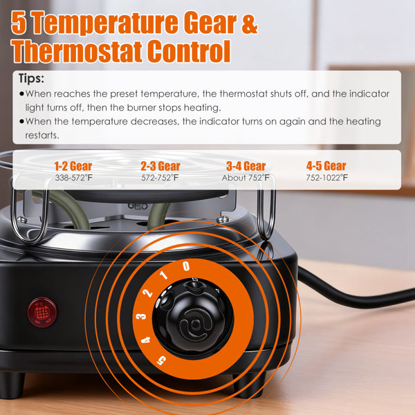 Electric Charcoal Burner For Hookah - 500W Fast Heating, 5 Temperature Gears, Thermostat Safety & Stainless Steel Coil, Bonus Accessories For Outdoor/Indoor Use