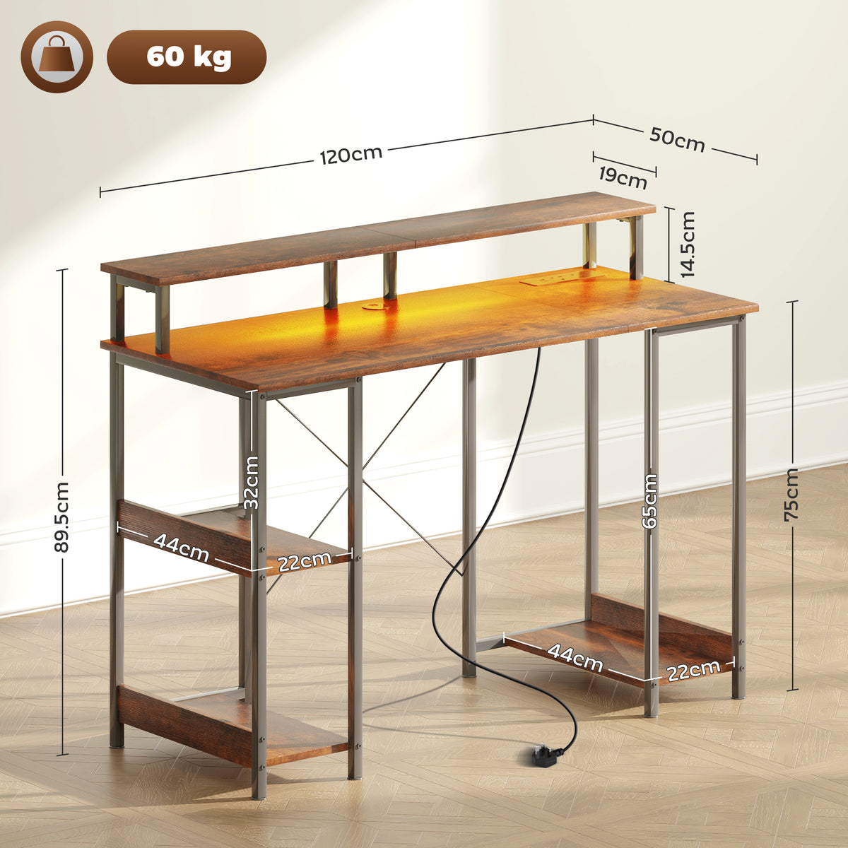 LED Computer Desk, With Power Outlets And Shelves - Rustic Brown