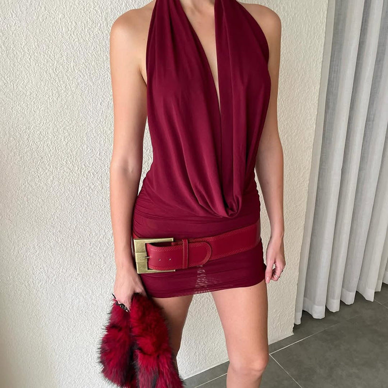 Womens Fashion Sexy Low-cut Deep-V-neck Dress