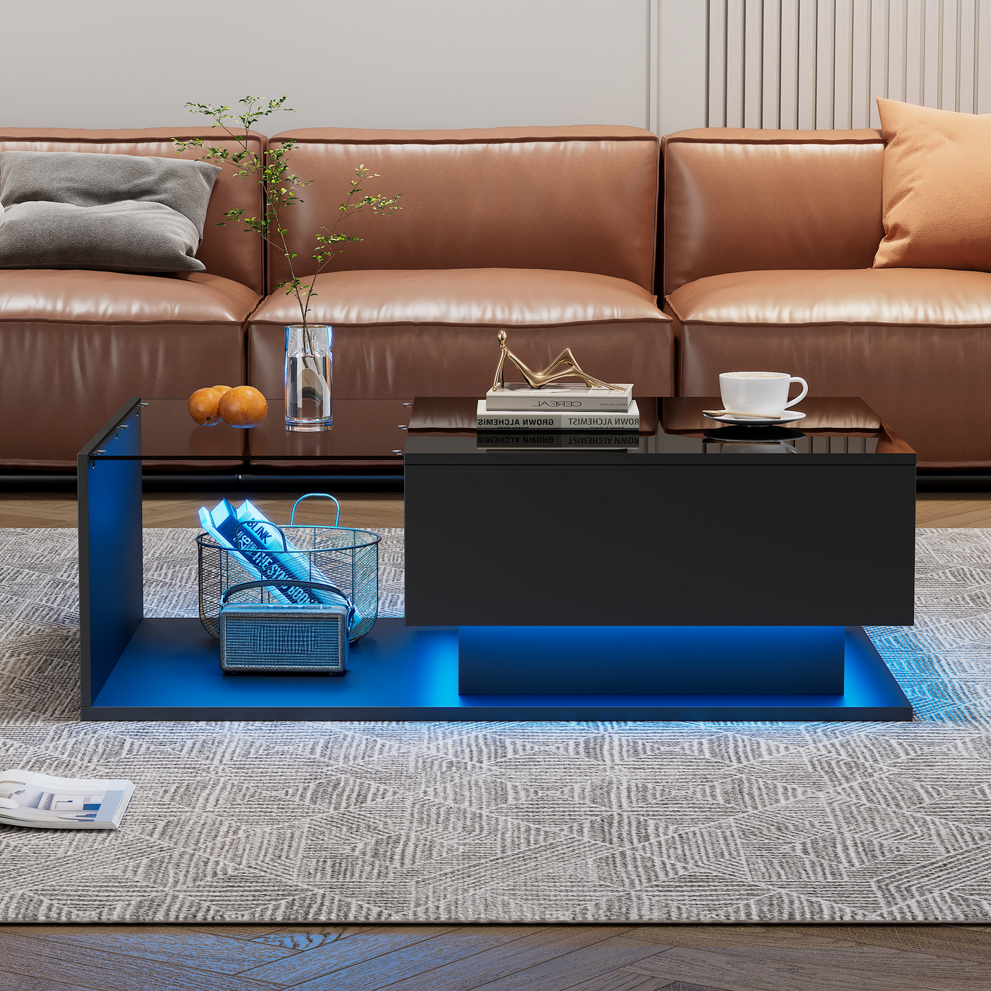 High-gloss Black Coffee Table 100x50x32 Cm - With Glass Top And Drawers, Scratch-resistant, With 1 Drawer, With LED Lighting, Modern Style