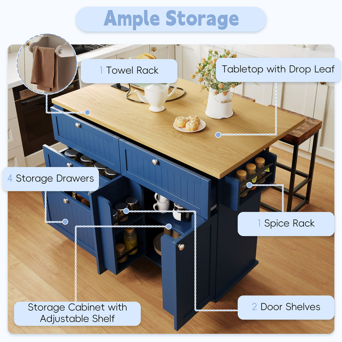 Available TOPMAX Farmhouse Kitchen Island With Drop Leaf And 2 Seatings, Kitchen Table Set With Storage Cabinet, Drawers, Door Shelves And Power Outlet, Blue
