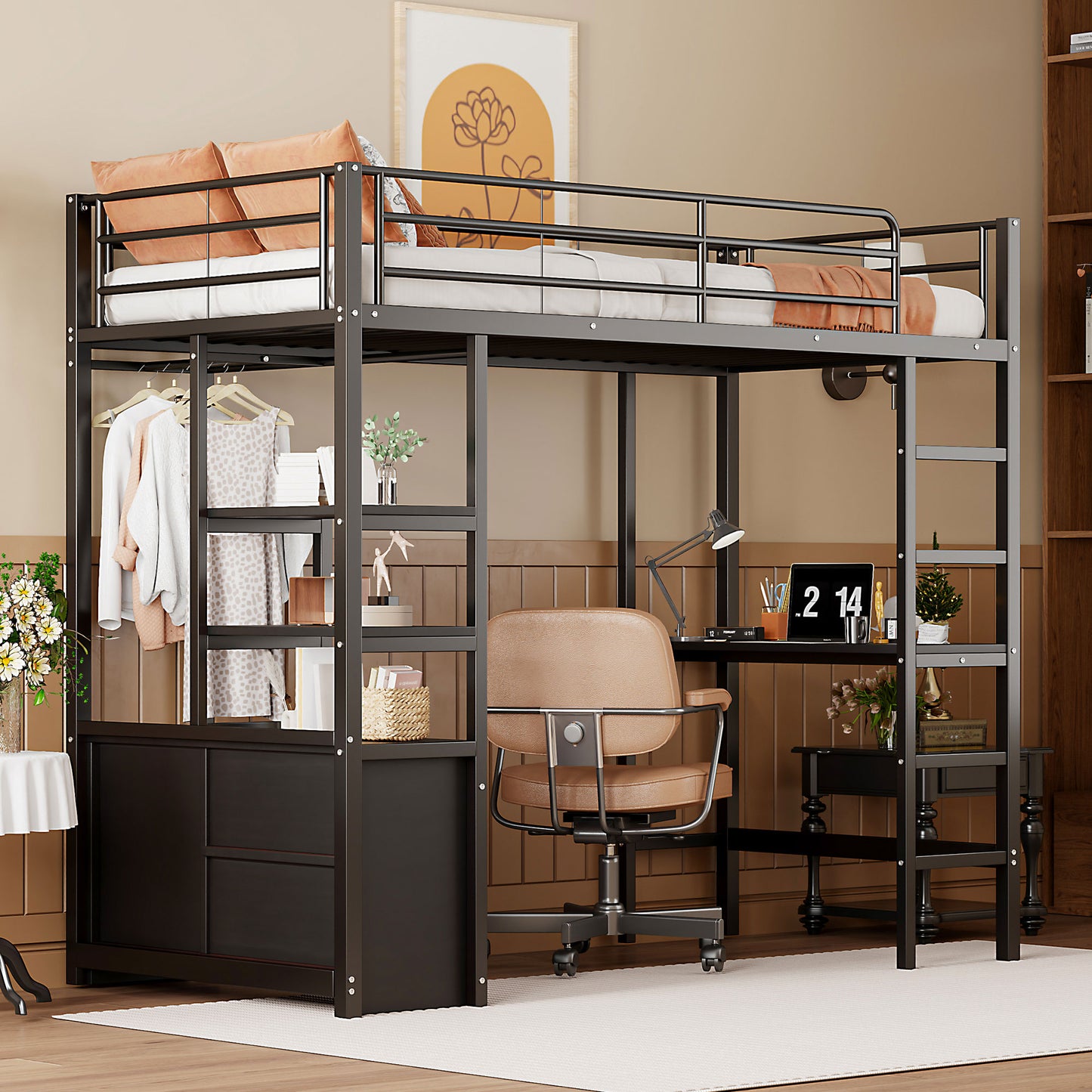 Loft Bed, 90x200cm , Without Mattress, Bed With Desk, With Socket And USB, Multiple Shelves, Open Storage Cupboard, Railing, Ladder, Iron Frame, Black