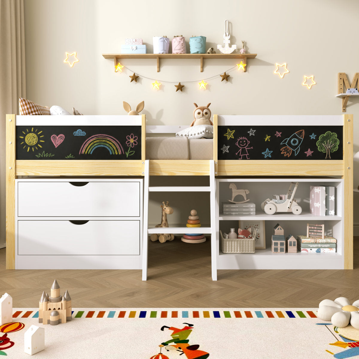 3ft Single Low Loft Bed With Blackboard, Modern Wood Bed Frame With Drawers And Storage Shelves, Under-bed Space, Modern Bed With Safety Guardrail, Saving-space Design, White No Mattress