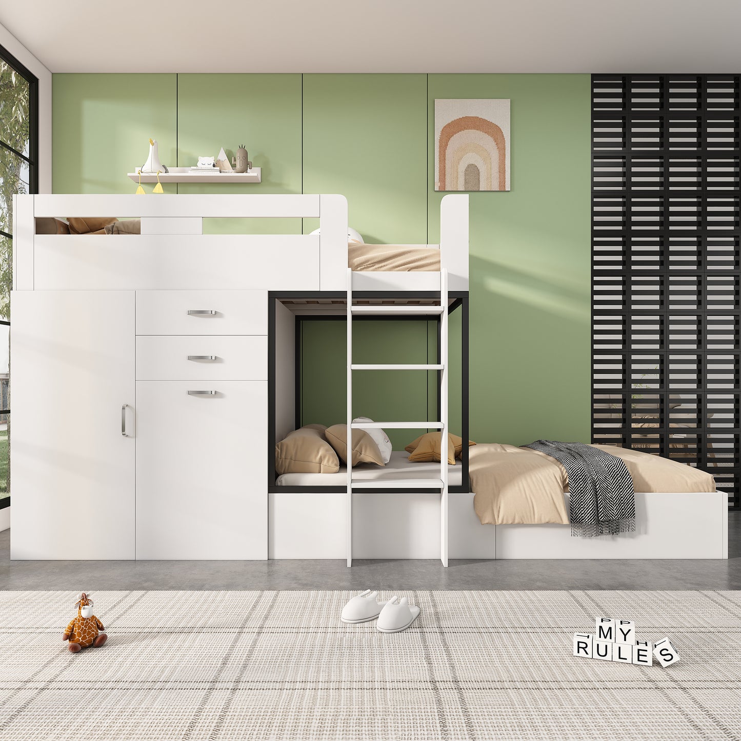 Bunk Bed With Pull-out Desk And Coat Rack, Multifunctional Children's Bed, Children's Bunk Bed, With Drawer & Shelves & Ladders, Without Mattress, 90x200 Cm, White OLD SKU 3233289012AAW-1