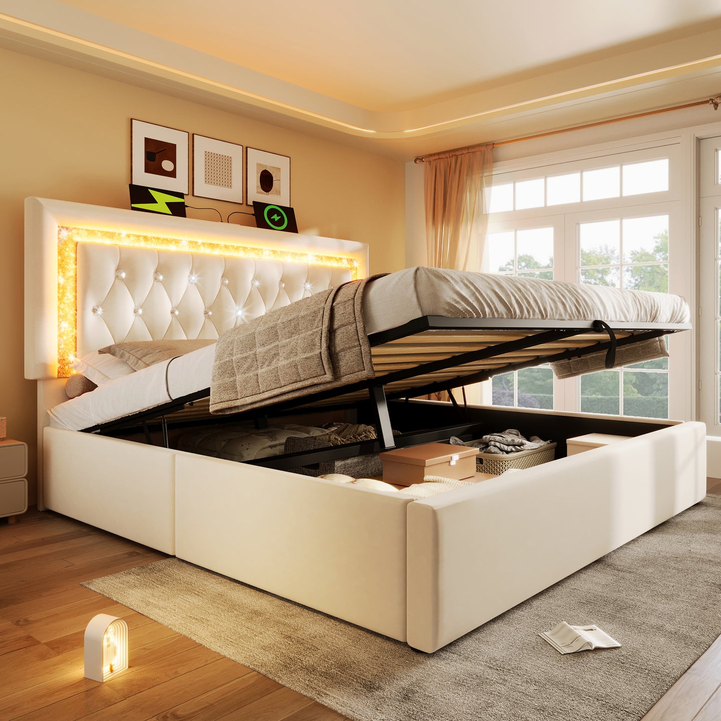 Upholstered Bed 180x200 Cm Velvet Double Bed With LED Diamond Strips, USB & Type-C Charging Station, Hydraulic Storage Bed, Modern Youth Bed With Slatted Frame, Beige Without MattresS