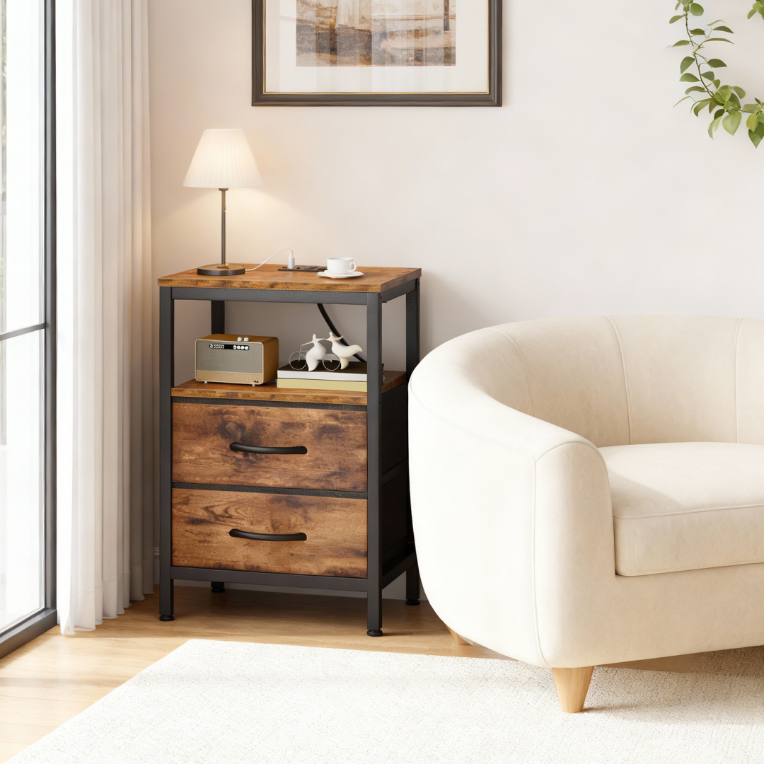 A Small Bedside Table With A Charging Station And Two Fabric Drawers, And A Side Bedside Table