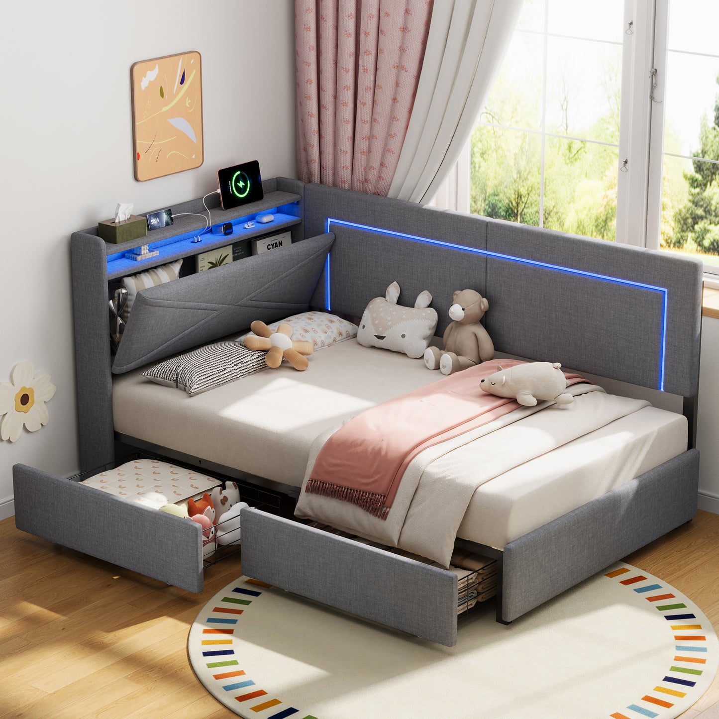3ft Single Daybed With Two Storage Drawers, LED Concealed Headboard Storage With Charging Station, Modern Linen Sofa Bed For Living Room Bedroom Study Room, 90X190cm, Grey No Mattress