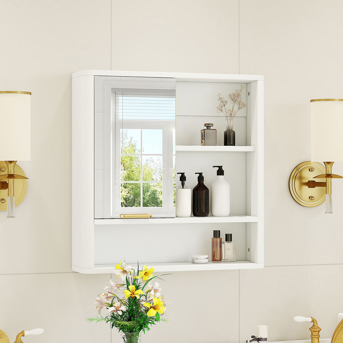 Modern Bathroom Mirror Cabinet, Wall Mounted Storage Cabinet With Open Shelves, Waterproof Medicine Cabinet With Gold Accent, Space Saving Vanity Organizer For Bathroom, White
