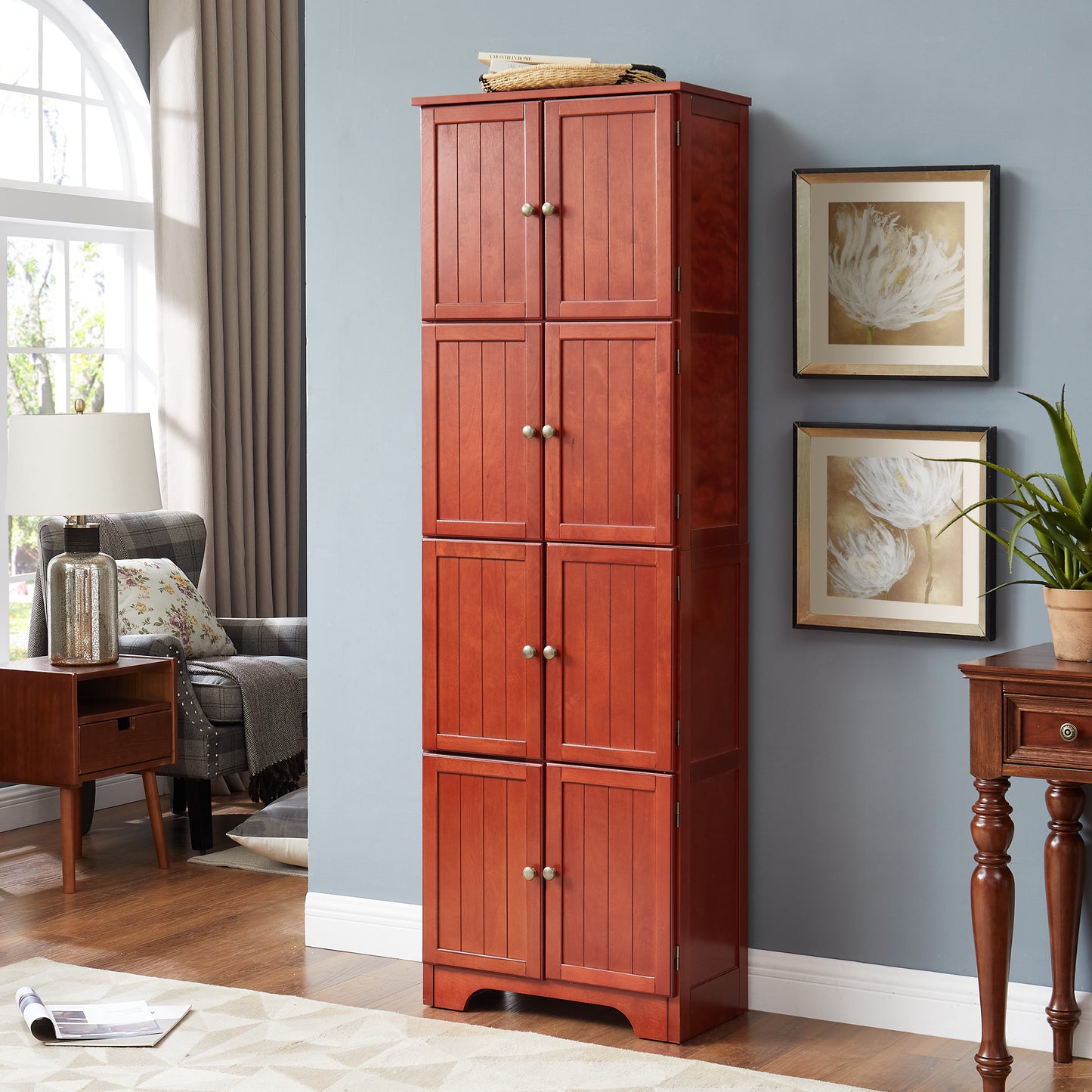 72.4 Tall Storage Cabinet Tall Storage Cabinet With 8 Doors And 4 Shelves ,Bookshelf Living Room, Kitchen, Dining Room, Office Freestanding Storage Cabinet,Cherry