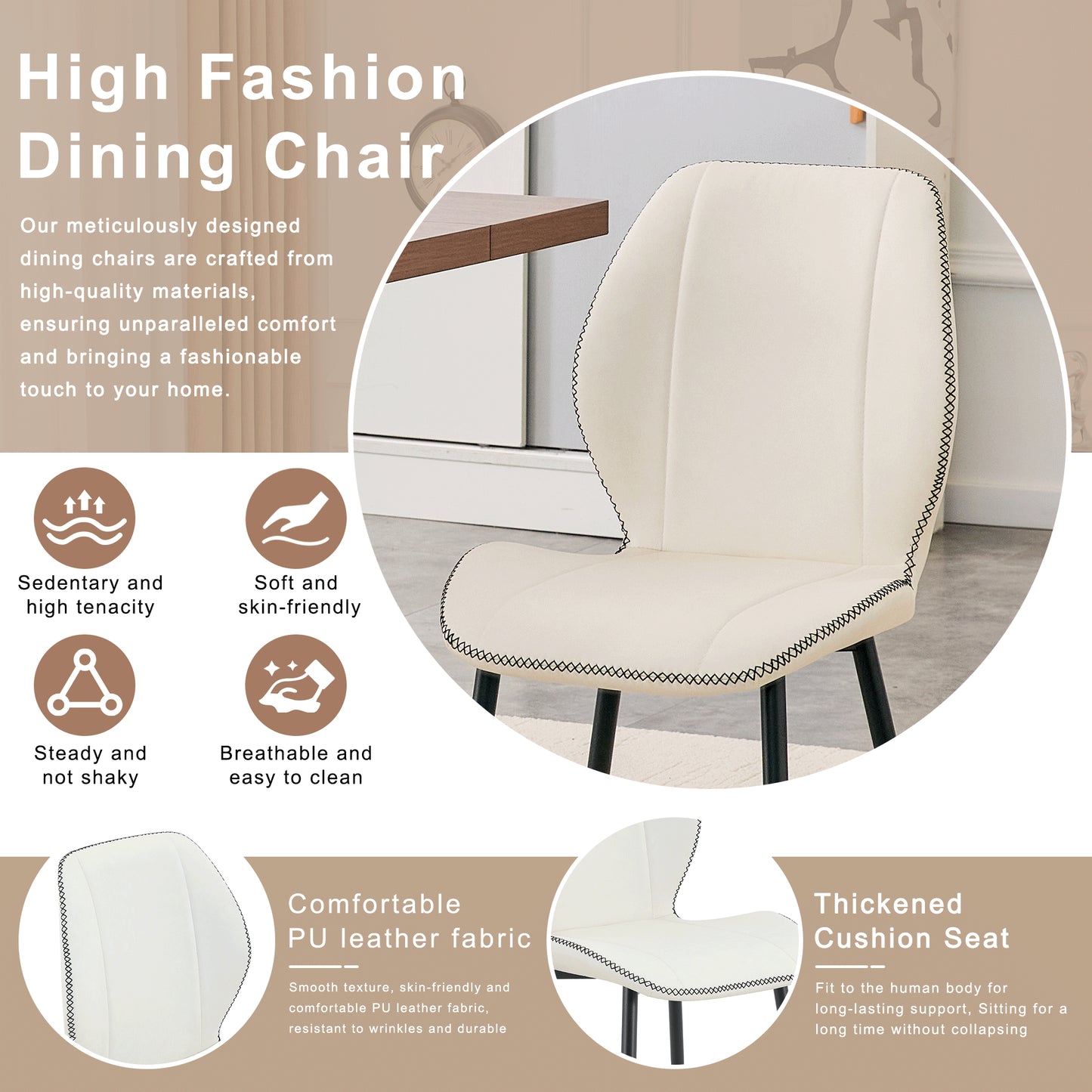 4-Pack White Light Luxury Household PU Leather Dining Chairs. Multiple Colors Available, With Black Metal Legs And Adjustable Feet, Suitable For Dining Room, Study & Office ,etc.