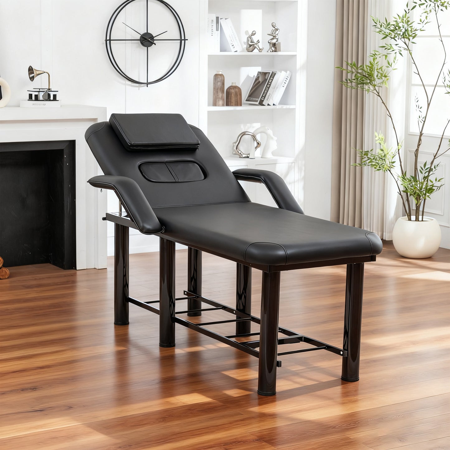 Professional Black Beauty Bed With Removable Headrest & Breast Cushions, Armrests And Storage Shelf For Massage, Facial, Tattoo & Spa