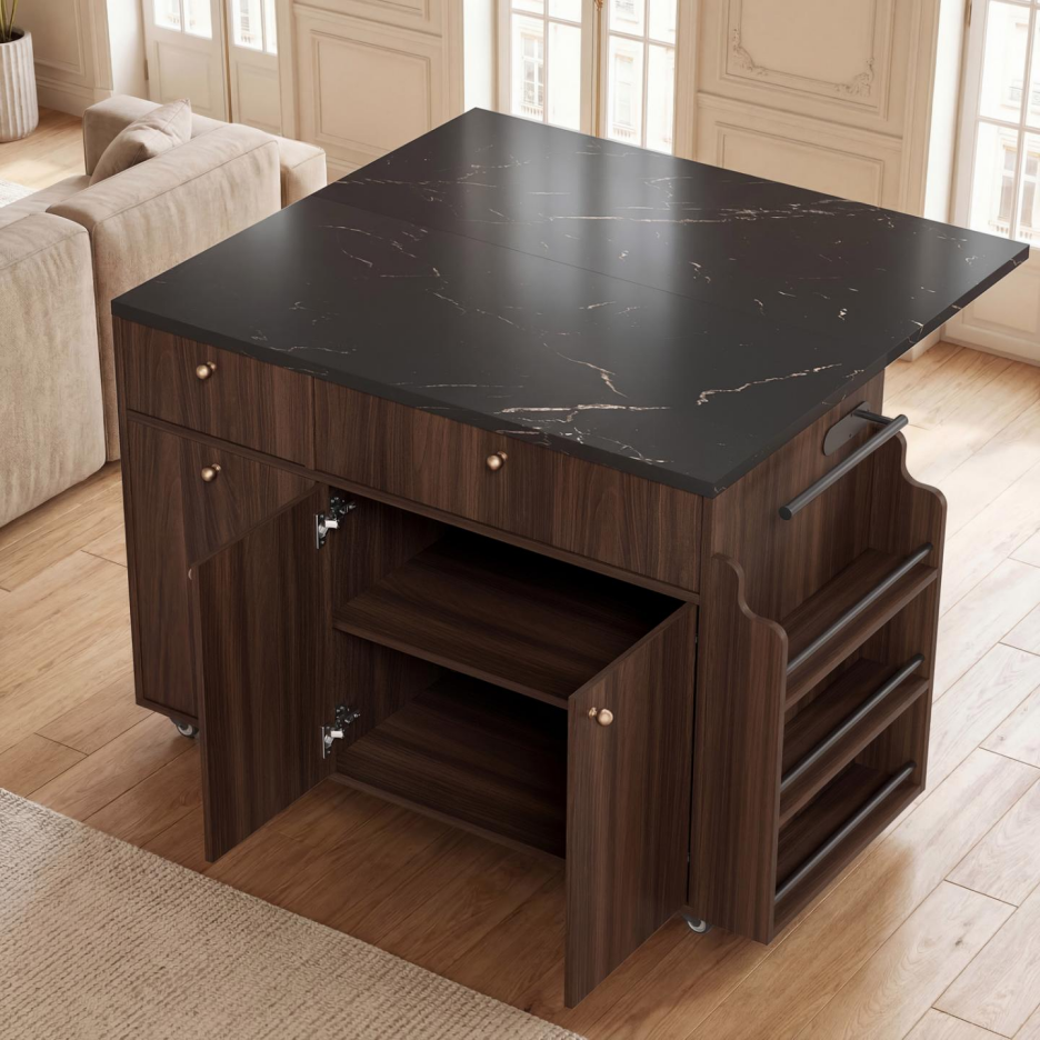 Kitchen Island With Storage Rolling Kitchen Island Cart With Drop Leaf Extension, Black Marble Top, Drawers, Spice Rack, Towel Bar, Mobile Kitchen Cart For Kitchen & Dining Room