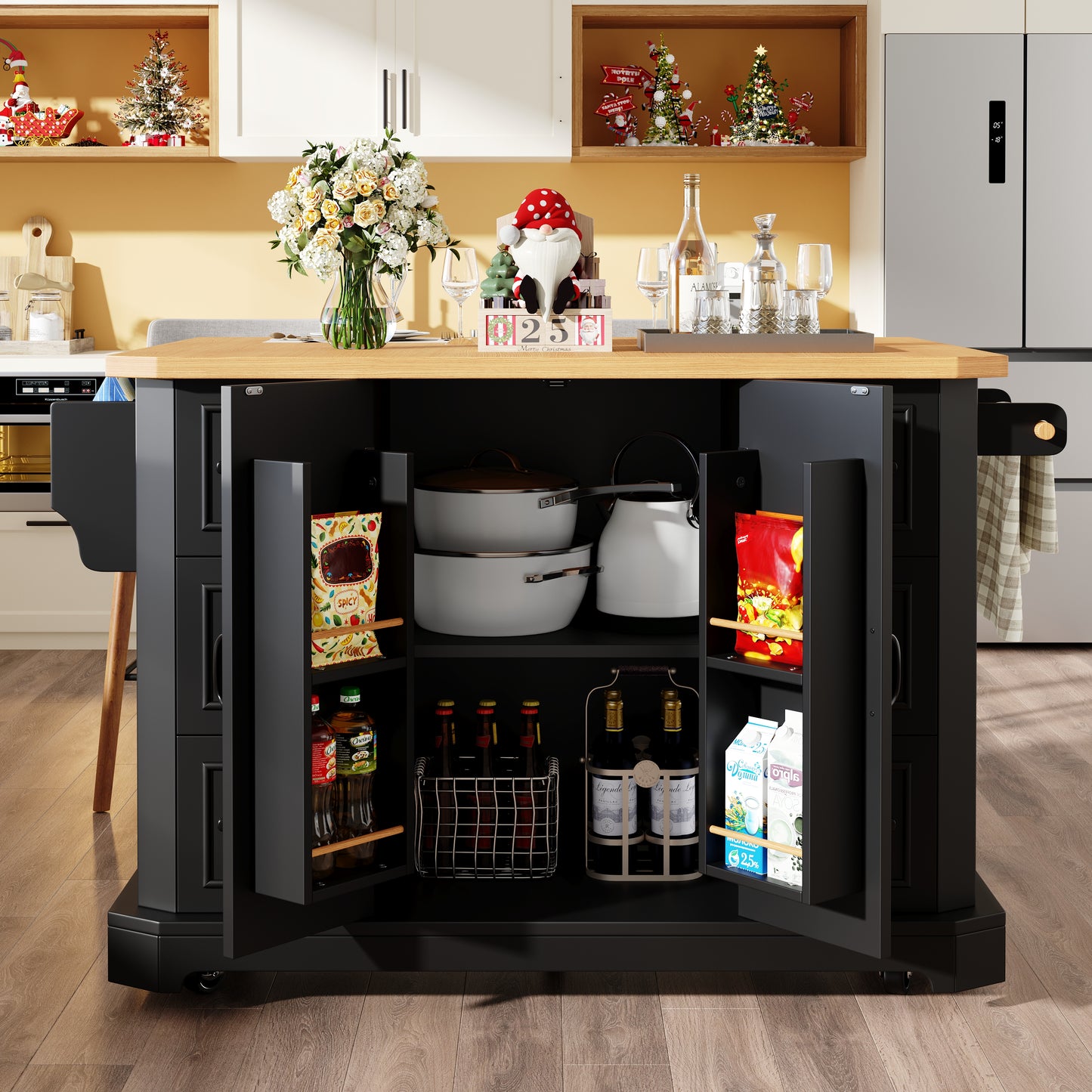 Mobile Kitchen Island Cart On Wheels - Cabinet With 2 Doors & 6 Drawers, Adjustable Width 45-75cm, White Black