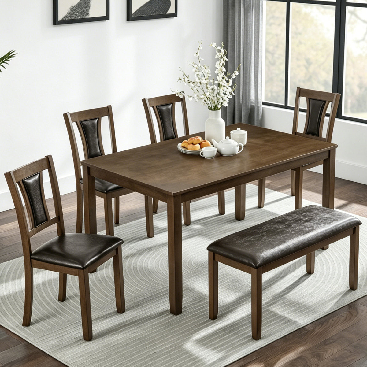 6-Piece Dining Table Set with Bench and Chairs, Wooden dining table set for 6 people, Farmhouse Rustic Style 6 Person Dining Table Set for Dining Room, Kitchen, Walnut