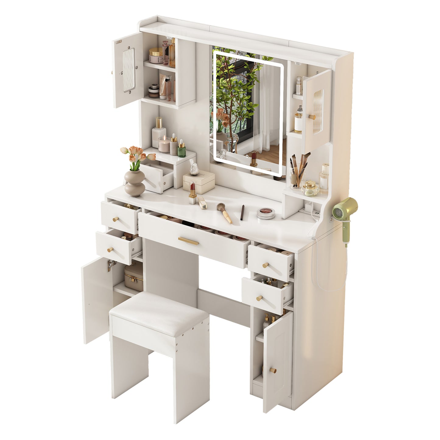 Large Dressing Table With Adjustable LED Lighting And Sockets, Dressing Table With Mirror, 6 Drawers And 4 Doors For The Bedroom, White, Measures 105x152x40 Cm WxHxD