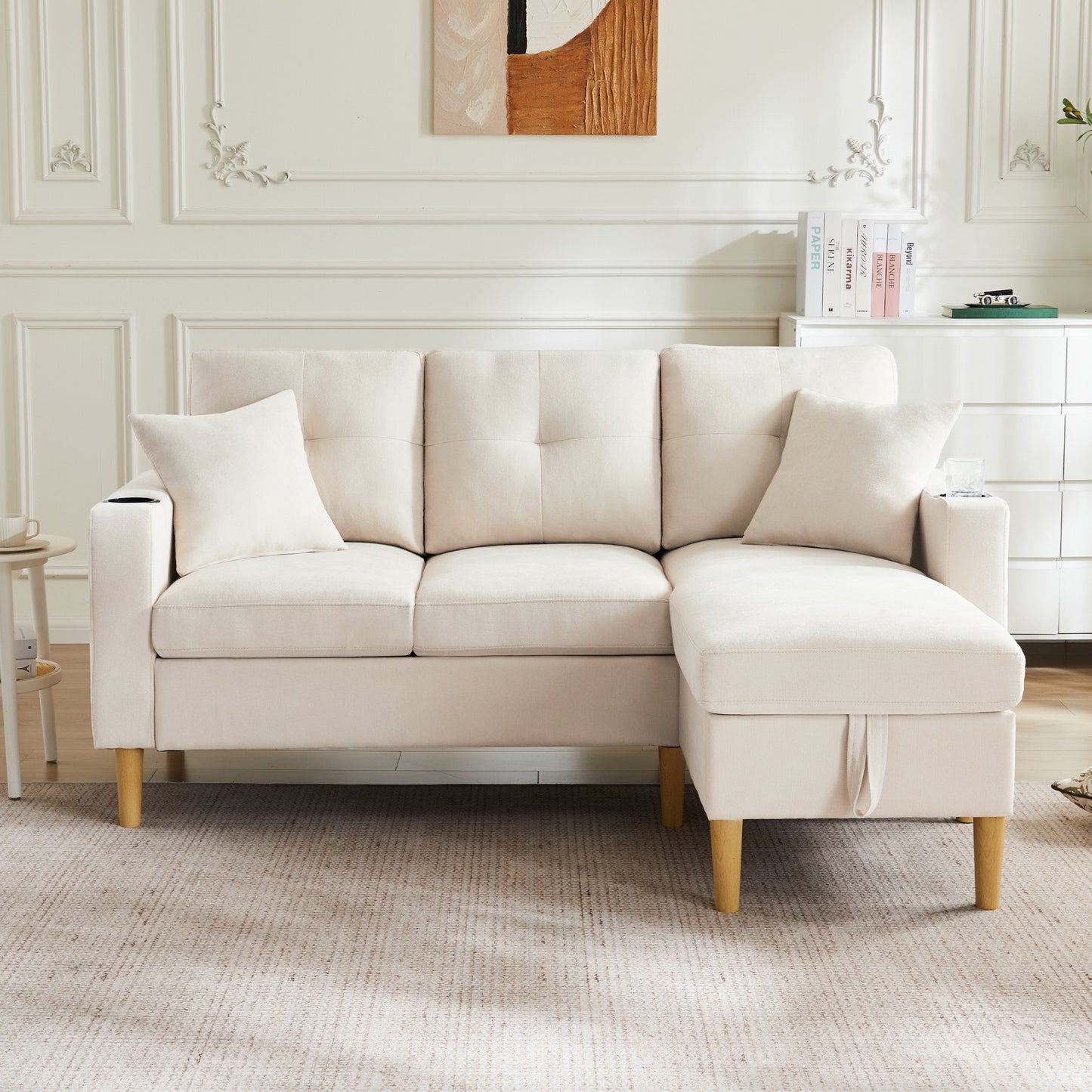 L-shaped Modern Sofa, 3 Seater Sofa With Chaise Longue, Storage Space, Integrated Cup Holder, Comes With 2 Cushions, Suitable For Living Room, Office, Apartment, Etc., Video Available
