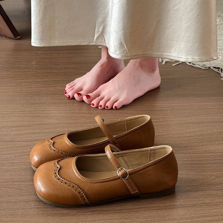 Women French Retro Flat Mary Janes, New Fashion Lightweight Shallow Mouth Leather Flats Work Shoes