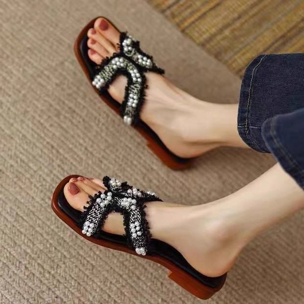 Womens Summer Pearl Vintage Sandals For Outdoor Wear