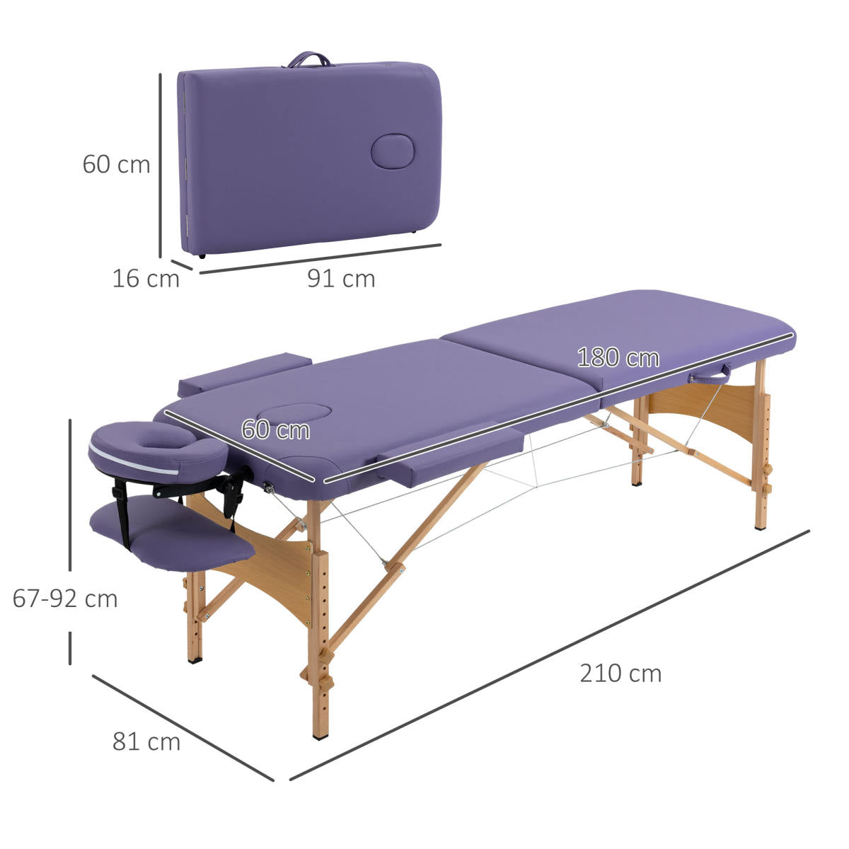 Portable Massage Bed, Folding Spa Beauty Massage Table With 2 Sections, Carry Bag And Wooden Frame, Purple