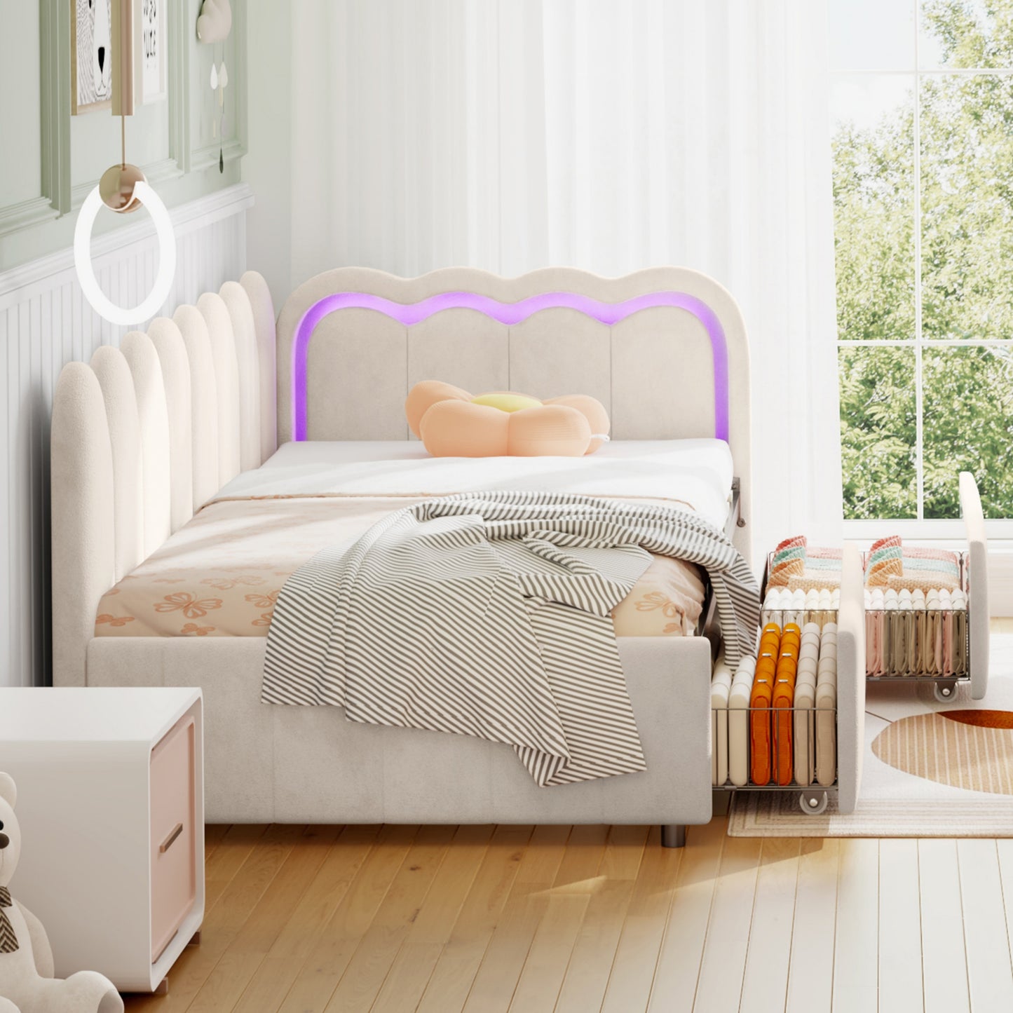 3ft Single Daybed With Smart RGB LED Lights And 2 Storage Drawers, Modern Velvet Youth Bed With Scalloped Backrest And Wooden Slats, Reversible Side Panel, Easy Assembly, Beige No Mattress