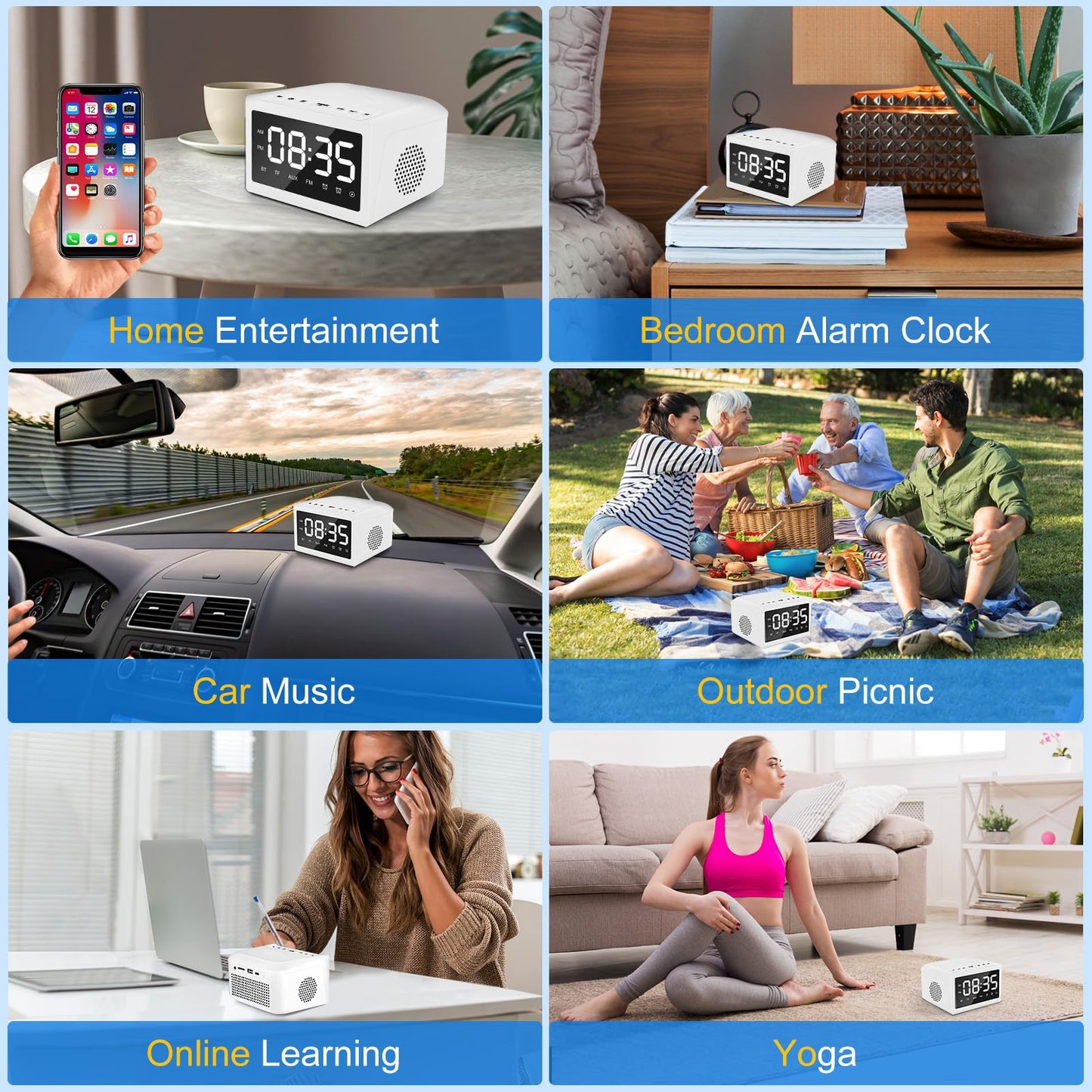 Alarm Clocks Bedside, Digital Alarm Clock Radio With Bluetooth Speaker, USB Charging Port, FM Radio, Universal Dimmable LED Display For Home, Work