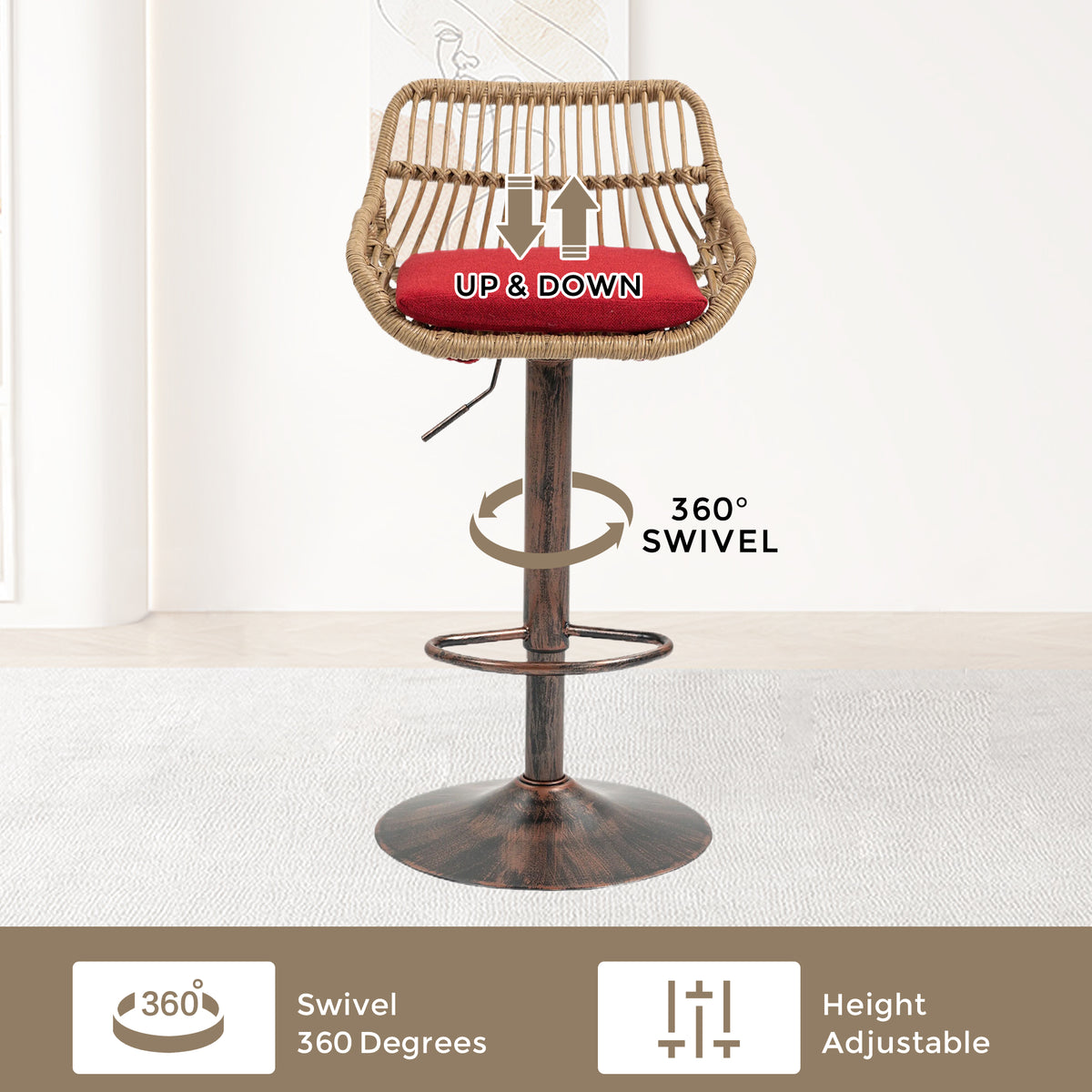 Modern Swivel Bar Stools Set Of 2 Adjustable Counter Height Chairs With Footrest For Kitchen, Dining Room Red