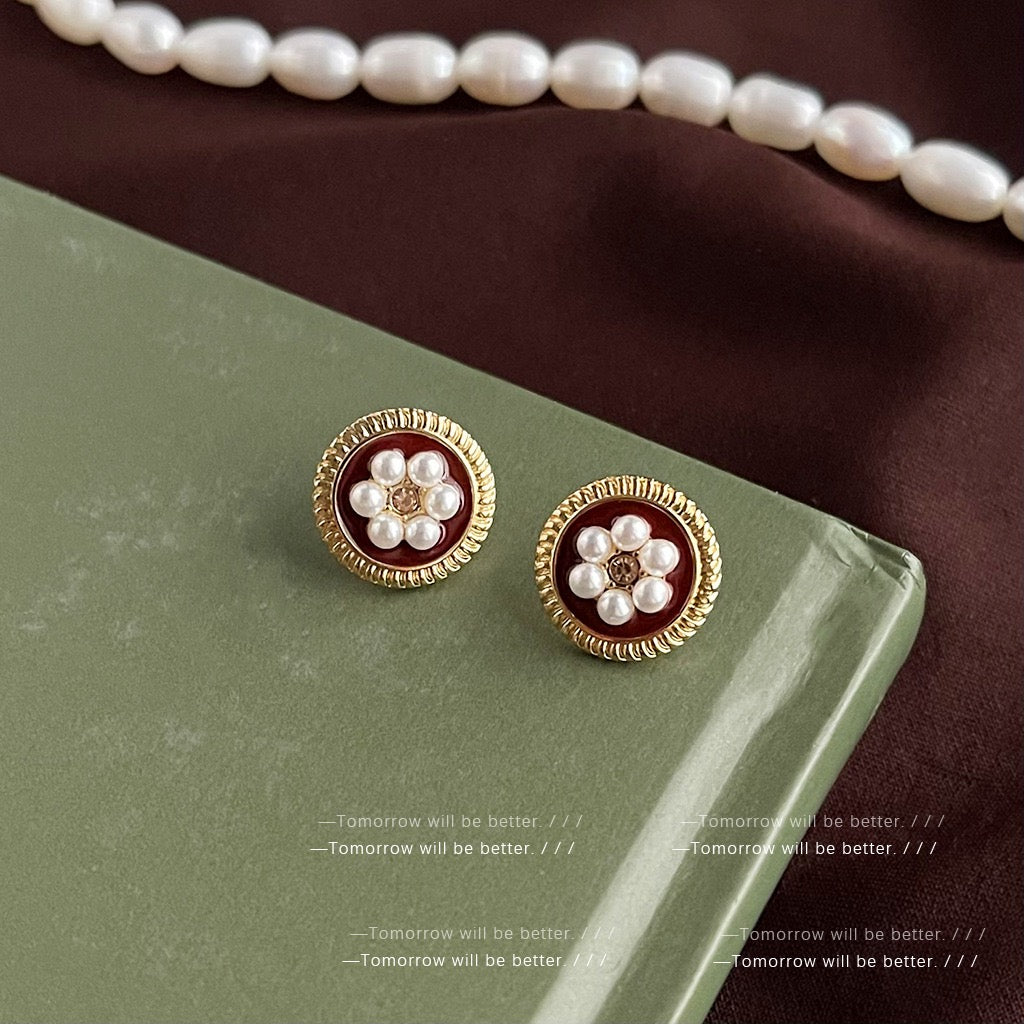 French Style Burgundy Enamel Earrings For Women Vintage Elegant Stud Earrings Luxury Fashion Jewelry Wholesale