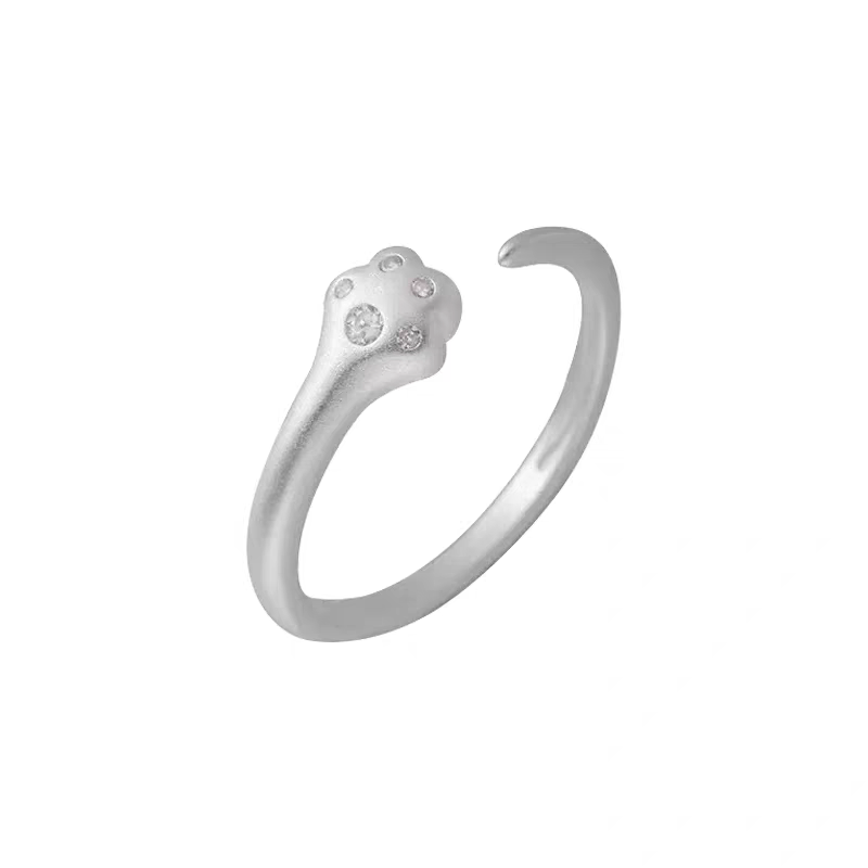 1pc 999 Sterling Silver Zircon Cat Paw Open Ring, Cute & Sweet Style, Perfect For Daily Wear & Valentine's Day Gift