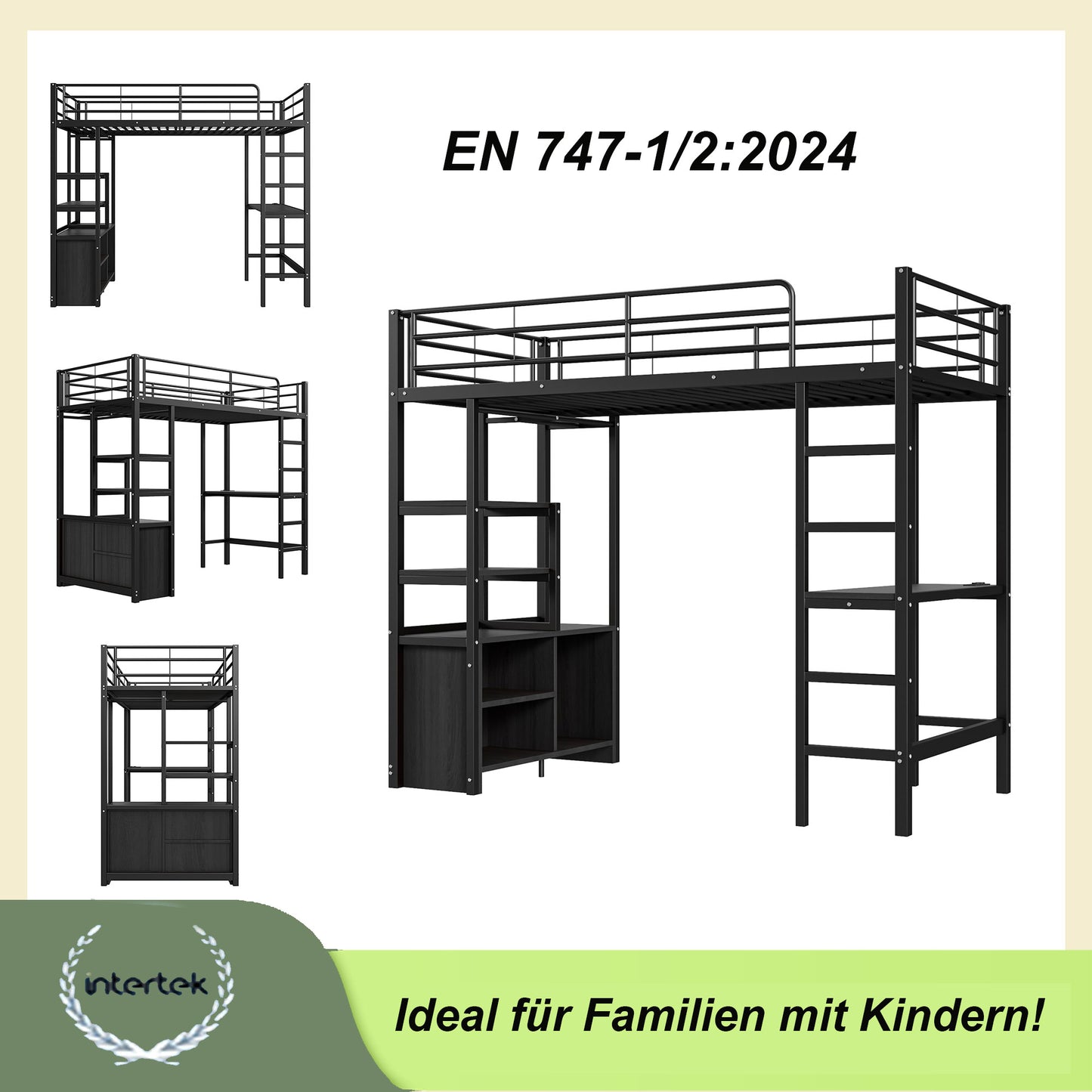 Loft Bed, 90x200cm , Without Mattress, Bed With Desk, With Socket And USB, Multiple Shelves, Open Storage Cupboard, Railing, Ladder, Iron Frame, Black