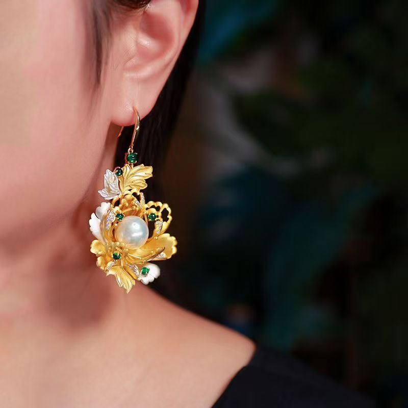 New Chinese Style Filigree Peony Pearl Earrings For Women, Ancient Vintage Ear Jewelry Matching Hanfu & Cheongsam
