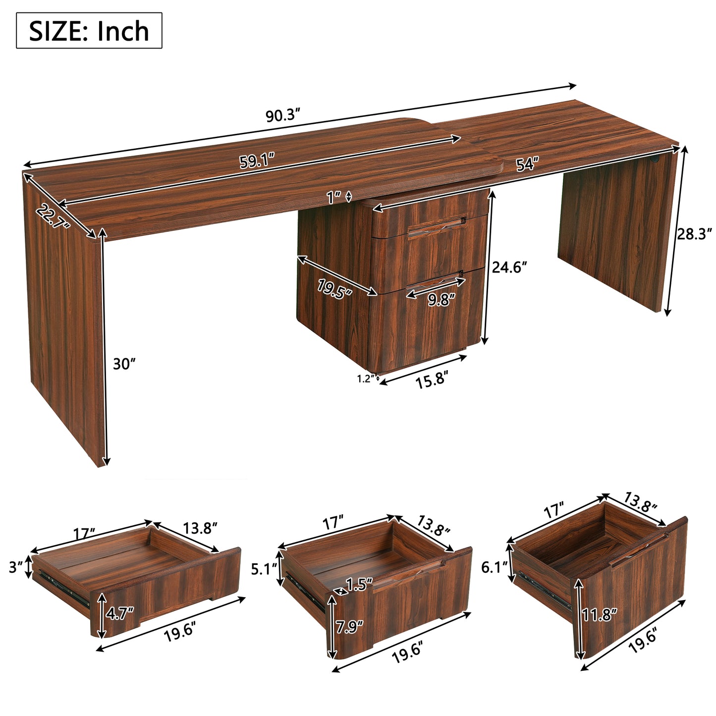 90 Modern L Shaped Desk In Walnut With 3 Drawers,360 Wood Rotating Desk,Executive Office Desk,Corner Desk,Office Study Workstation,for Home Office Or Living Room