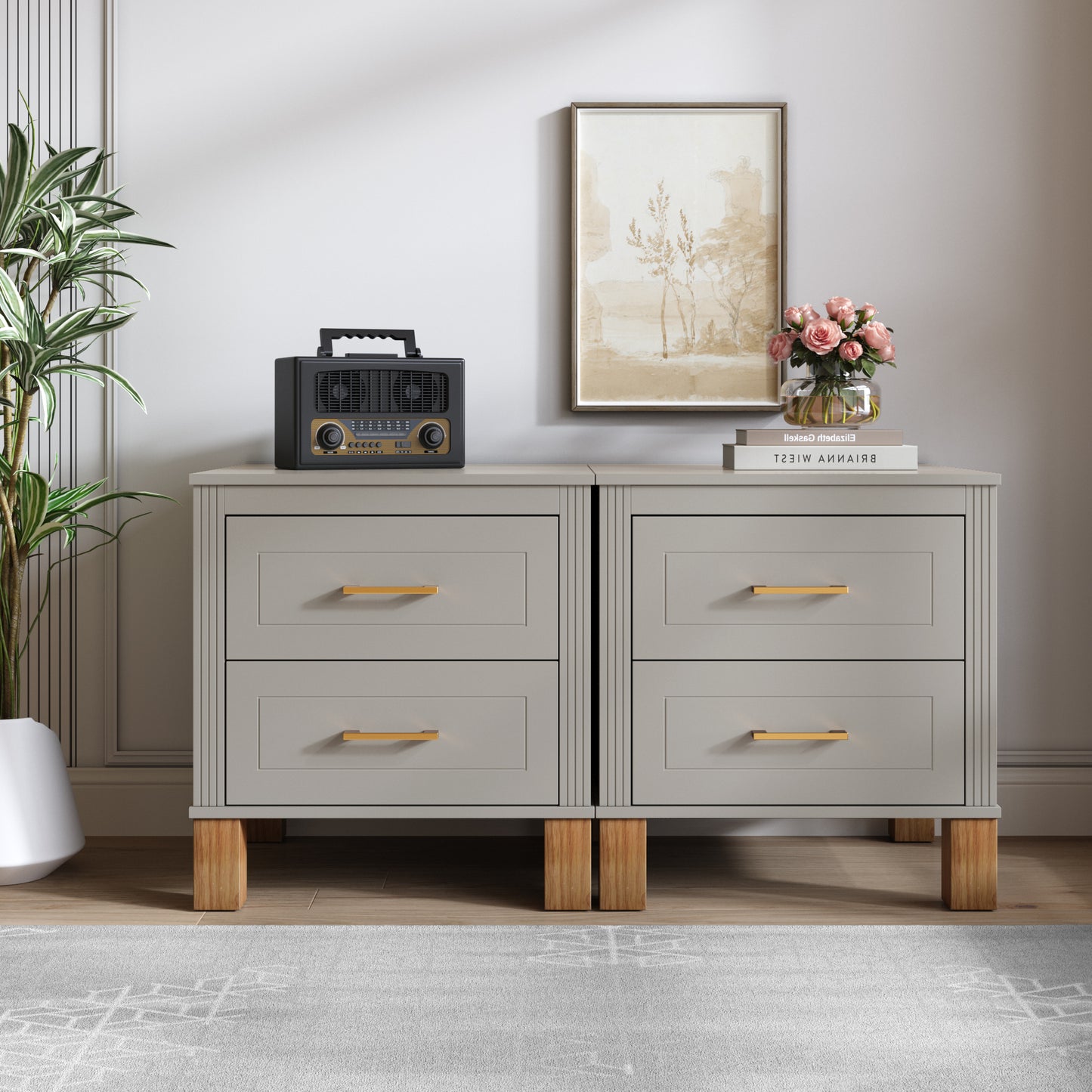 2 Drawer Nightstand, Premium Wood Storage With Elegant Fluted Design, Solid Wood Legs Nightstand With Metal Handle, Tall Bedside Table For Bedroom Living Room,Gray