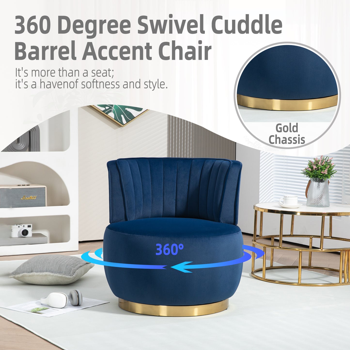 360 Degree Swivel Cuddle Barrel Accent Sofa Chairs, Round Armchairs With Wide Upholstered, Fluffy Velvet Fabric Chair For Living Room, Bedroom, Office, Waiting Rooms