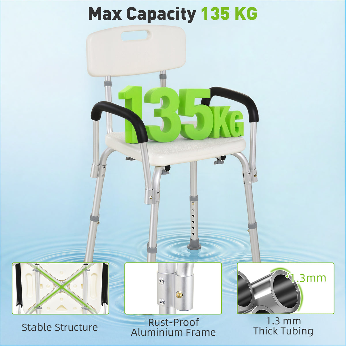 Shower Chair, Mobility Medical Grade Bath Chair, Adjustable Shower Bench With Removable Armrests For Seniors, Handicap, Disabled