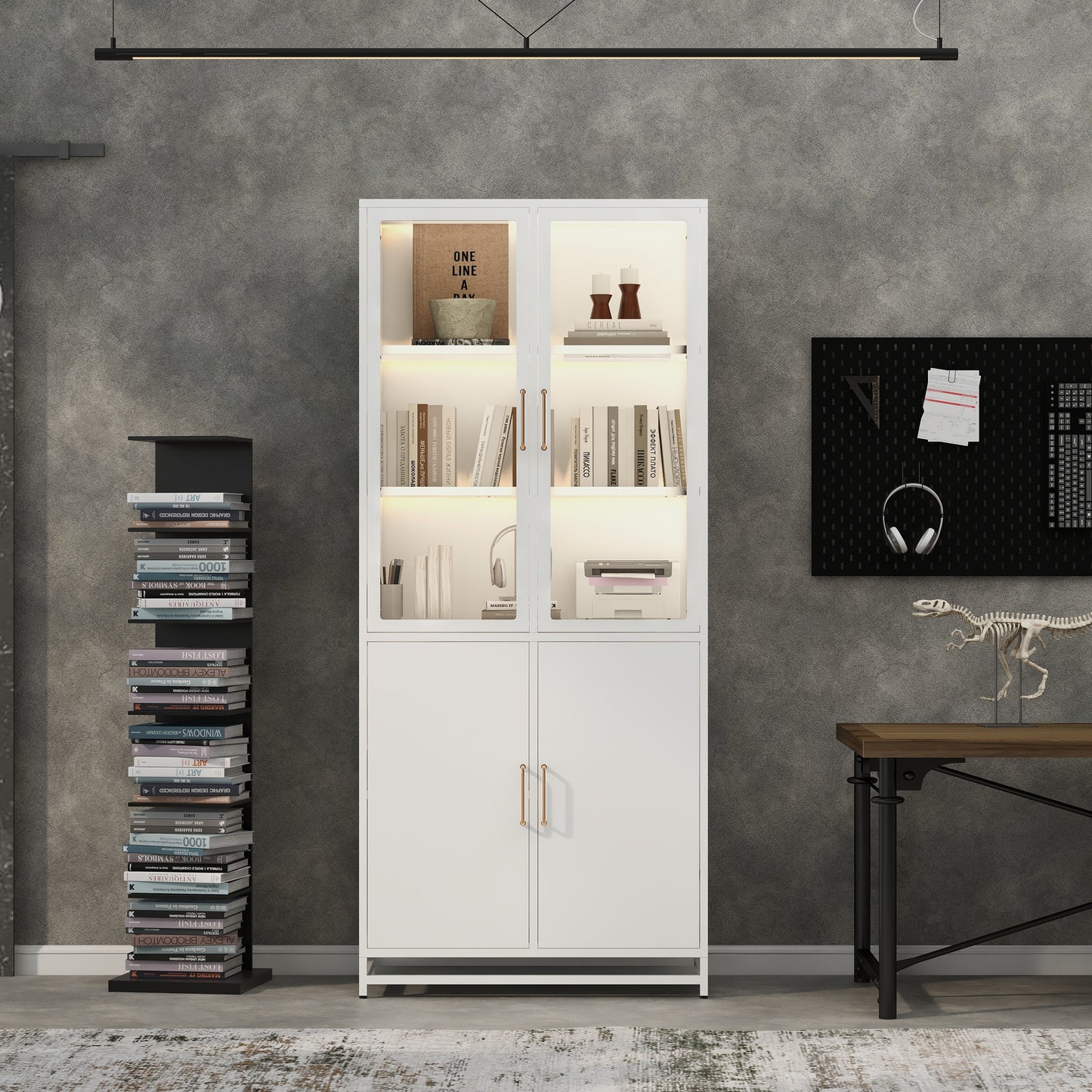 76.75 Tall Display Cabinet, With Glass Doors And LED Lights, Steel Curio Cabinet With 3-Sided Glass, Pantry Cabinet With Storage For Hallways, Livingroom Kitchen Home Decor & Office - White