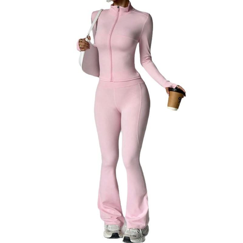 Womens Solid-Color Casual Sports Yoga Long-Sleeve Zip-Up Long Set