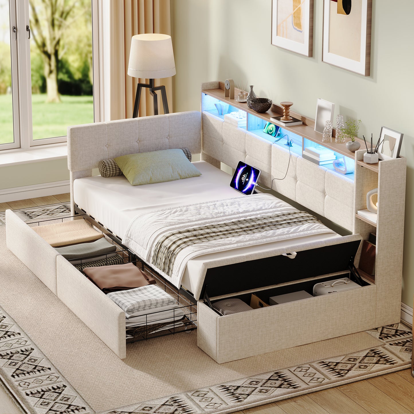 3ft Single LED Daybed With Storage Drawers And Bed End Ottoman Storage, Modern Linen Sofa Bed With Charging Station For Living Room Bedroom Study Room, 90X190cm, Beige No Mattress