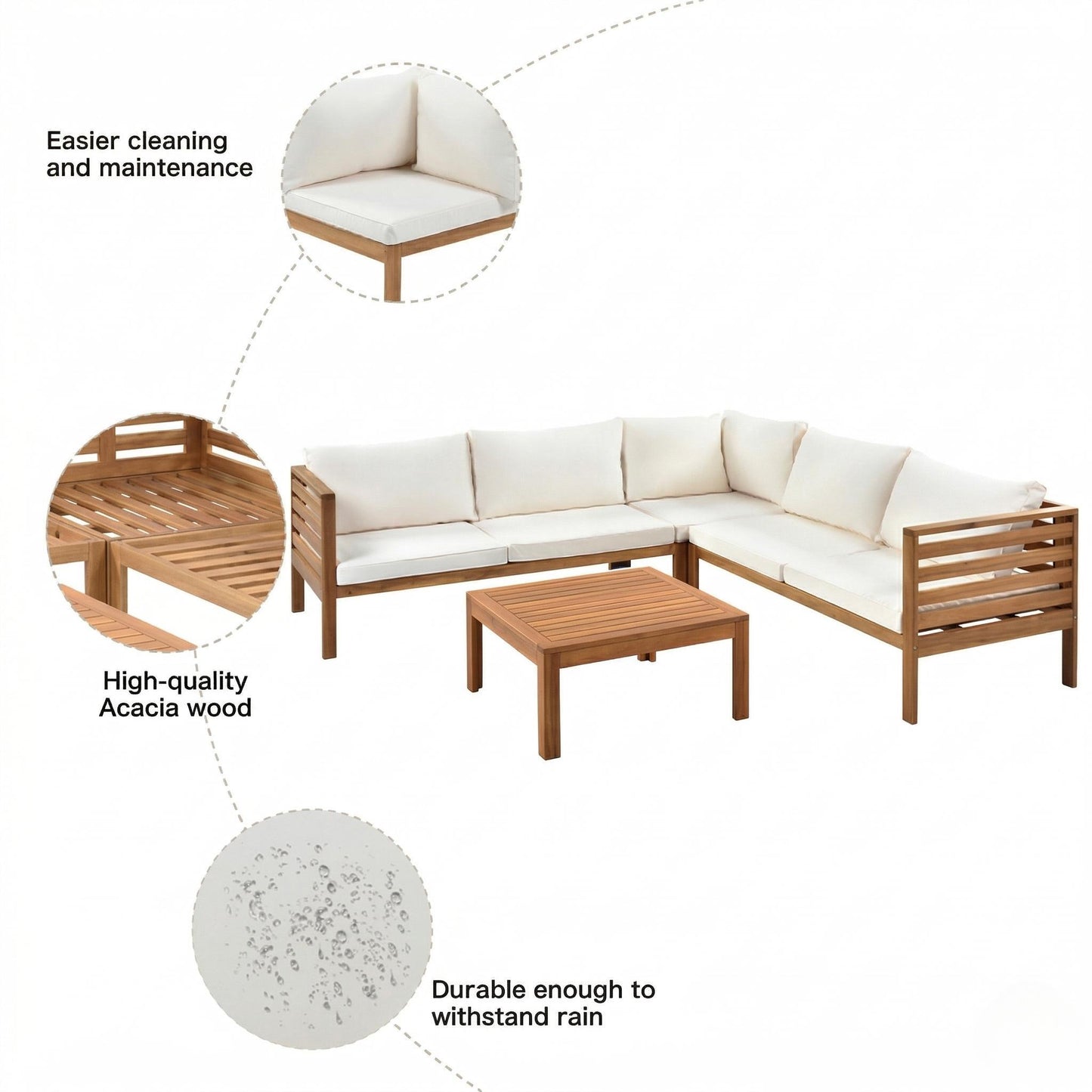 Wood Structure Outdoor Sofa Set With Beige Cushions Exotic Design Water-resistant And UV Protected Texture High Quality Acacia Wood Strong Metal Accessories