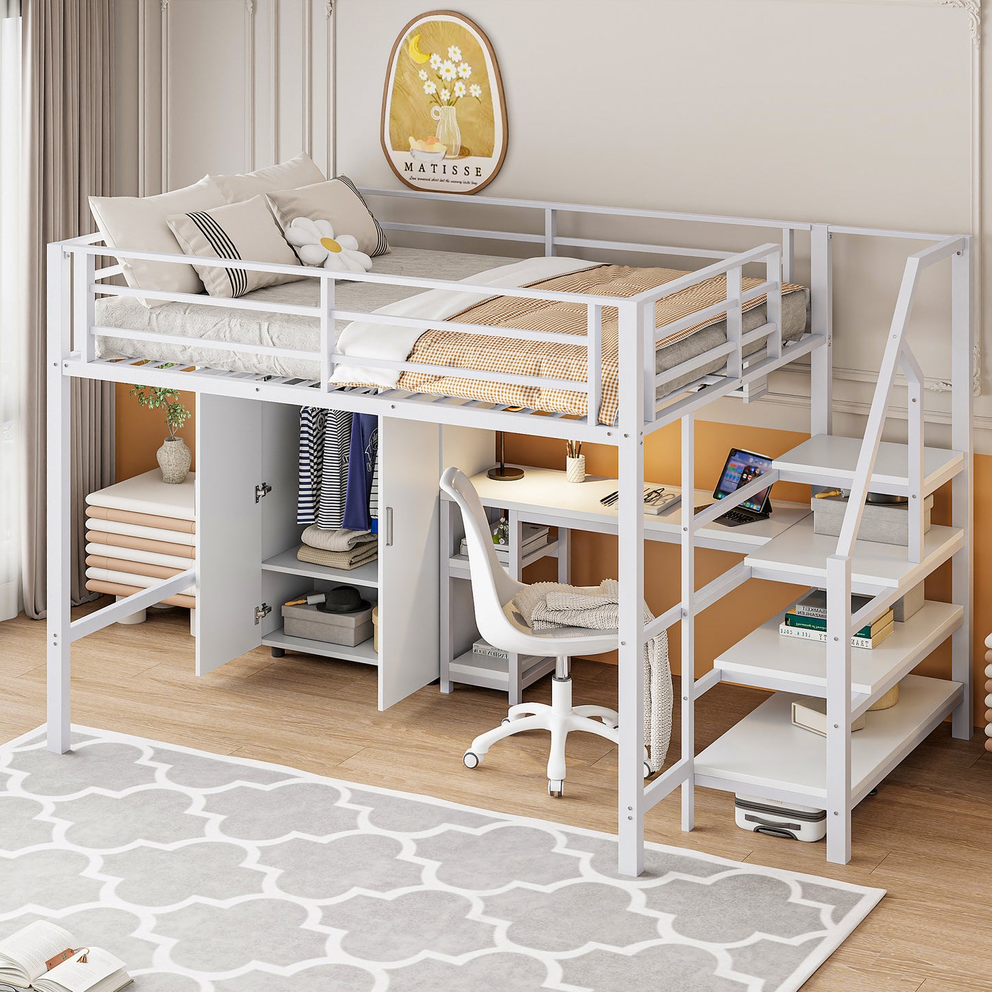Loft Bed, 140x200cm, Wardrobe, Shelves, Storage Ladder, Desk, Without Mattress, White