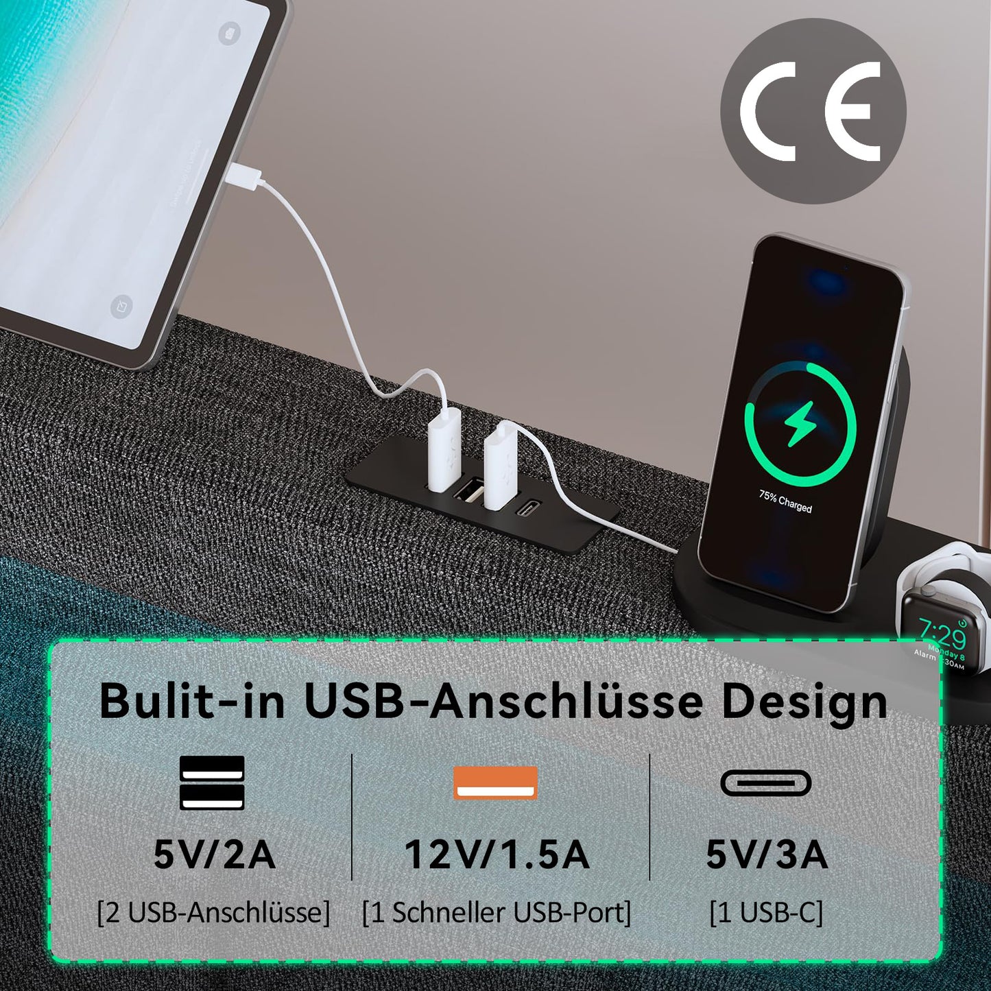 Upholstered Bed USB Type C Charging Function LED Lighting And 2 Drawers, Youth Beds 90x200cm Single Bed Storage Beds Bed Frame, Wooden Slatted Base, Grey Without Mattress