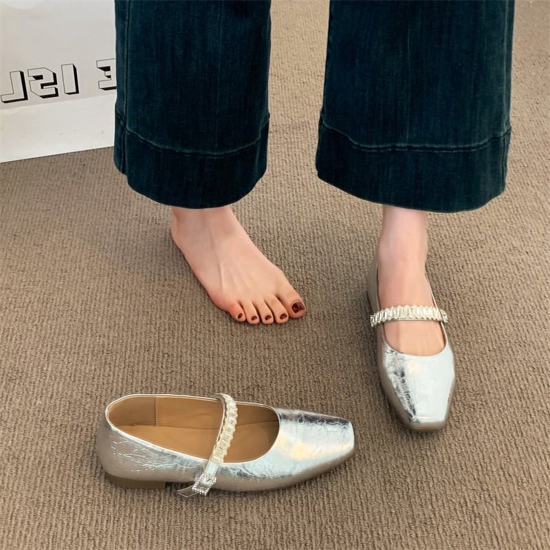 Women Minimalist Elegant Metallic Leather Flats, Square Toe Single Crystal Rhinestone Strap Slip On Lightweight Flat Casual Office Commuting Dress Shoes