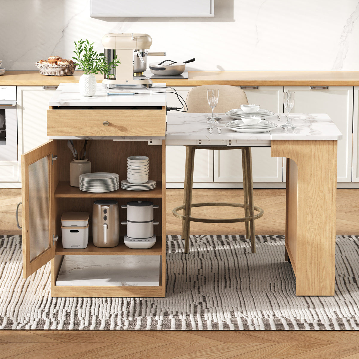 59.5 Kitchen Island With Extendable Dining Table,Kitchen Storage Table With Double-sided Storage,Kitchen Island With 2 Drawers,Power Outlet,Side Open Shelves,for Kitchen,Dining Room,Natural