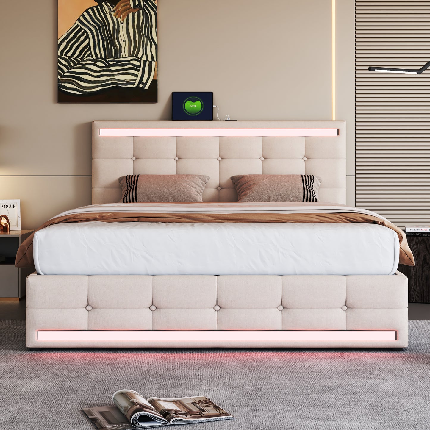 Upholstered Bed 140x 200 LED Upholstered Bed With 4 Drawers And 2 USB Charging Stations, Bed Frame With LED Head Part Foot Part, Upholstered Platform Bed With Storage Space, Linen Beige