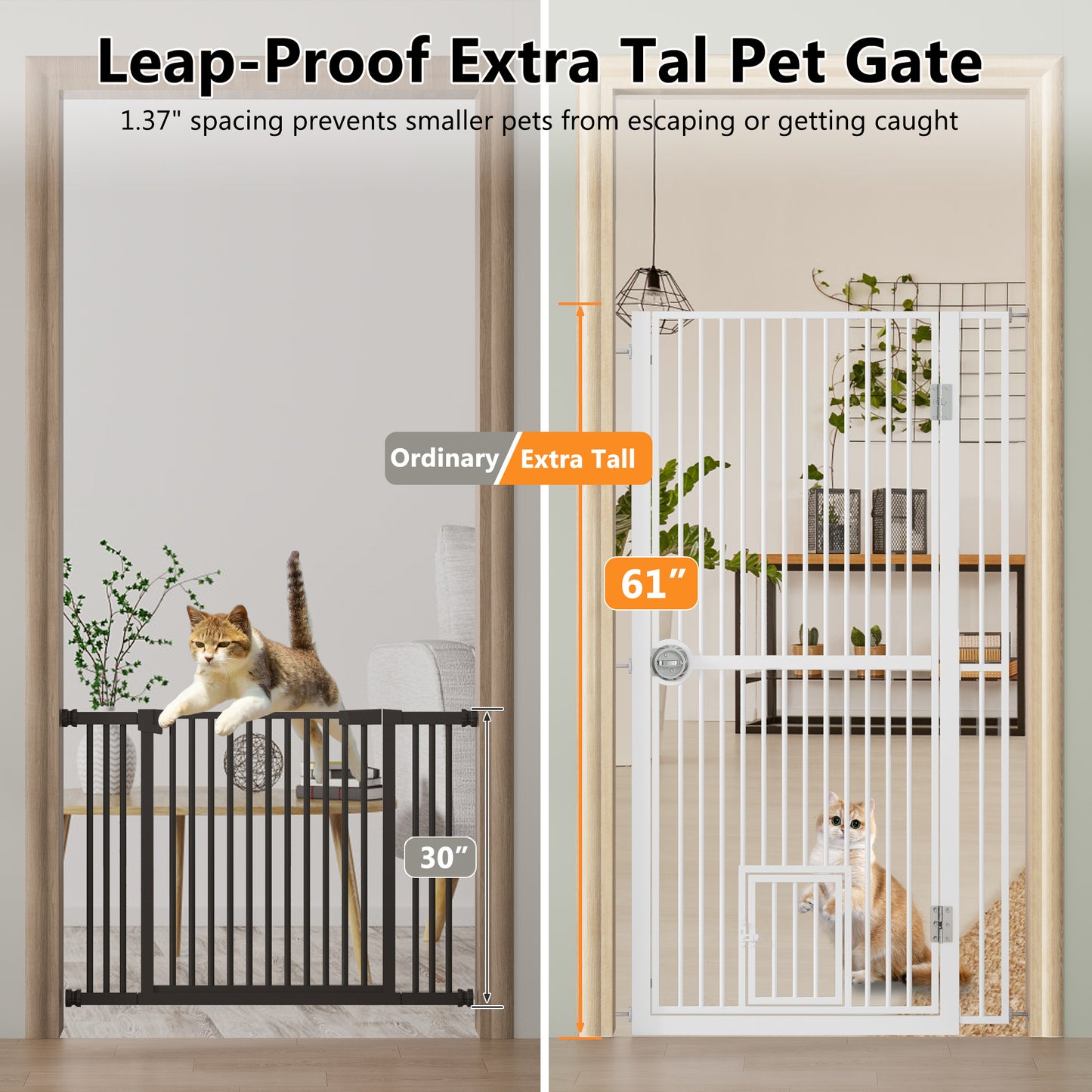 61 Extra Tall Cat Gate For Doorway , Adjustable Wide 34.3 -36.7 And Included 4.13 Extension Kits, Suitable For Doorways Or Kitchen, No Drilling Pressure Mount Kit, White
