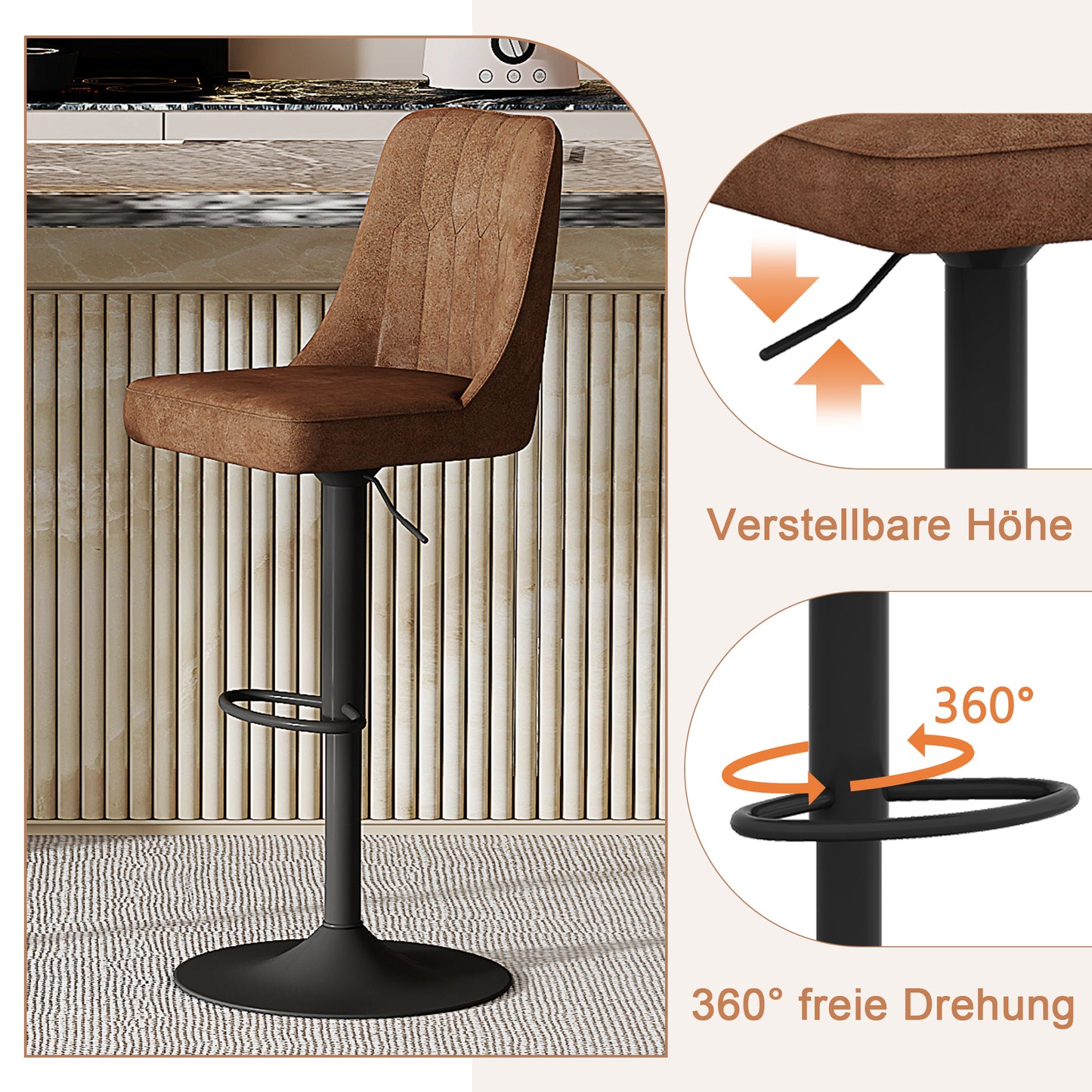 Adjustable Bar Stool In 2-piece Set, 360 Rotating, Seat And Backrest Made Of Brown, Breathable Technical Fabric, Legs Made Of Black Metal. Suitable For Kitchen Islands And Bar Counters.
